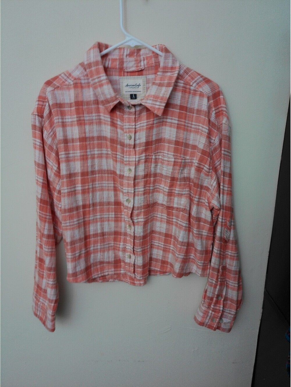 American Eagle Womens Plaid Flannel Shirt L Orange White Cropped Y2K Inspired